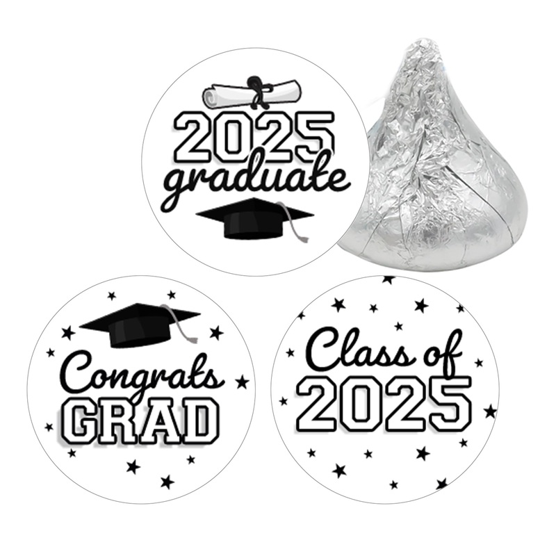 Black And White Graduation Candy Stickers For Kisses Chocolate Drops, Class Of 2025 Grad Party Favors Decorations – 180 Labels,