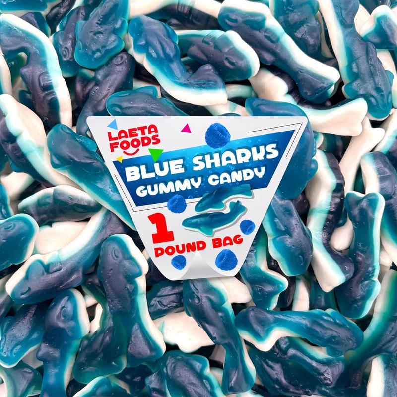 Blue Sharks Gummy Candy | 1 Pound Bag | Blue Raspberry And Marshmallow Flavor