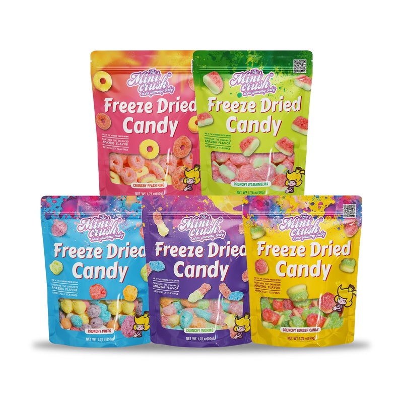 Freeze Dried Candy – 5 Flavors Variety Pack Crunchy Peach Rings, Watermelon, Puffs, Worms, Burger Candy – 1.7Oz Each, Sweet Trea