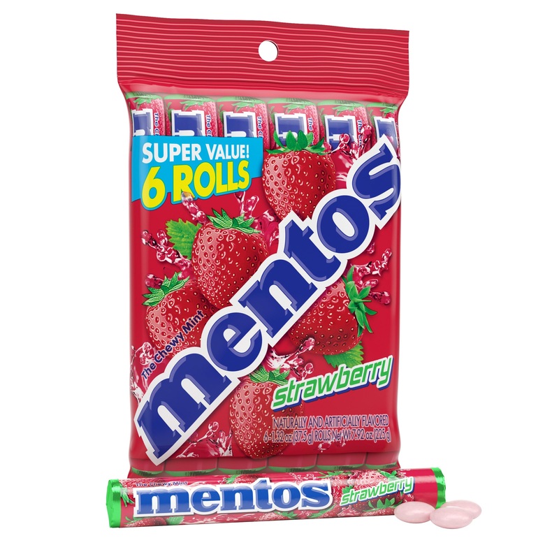 Mentos Chewy Candy Mint Roll, Strawberry, Non-Melting, 1 Roll 1.32 Oz 6 Count (Pack Of 1)