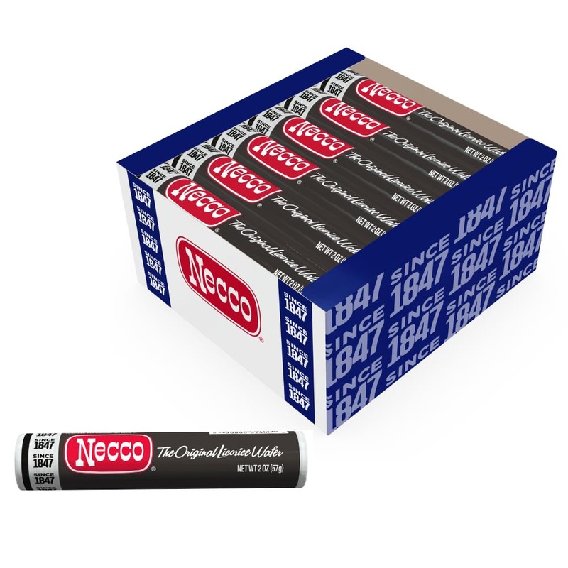 NECCO Wafers Licorice – Gourmet Black Licorice Candy, 2-Ounce Rolls, Bulk Display Pack of 18 for Halloween, Office, and Pantry