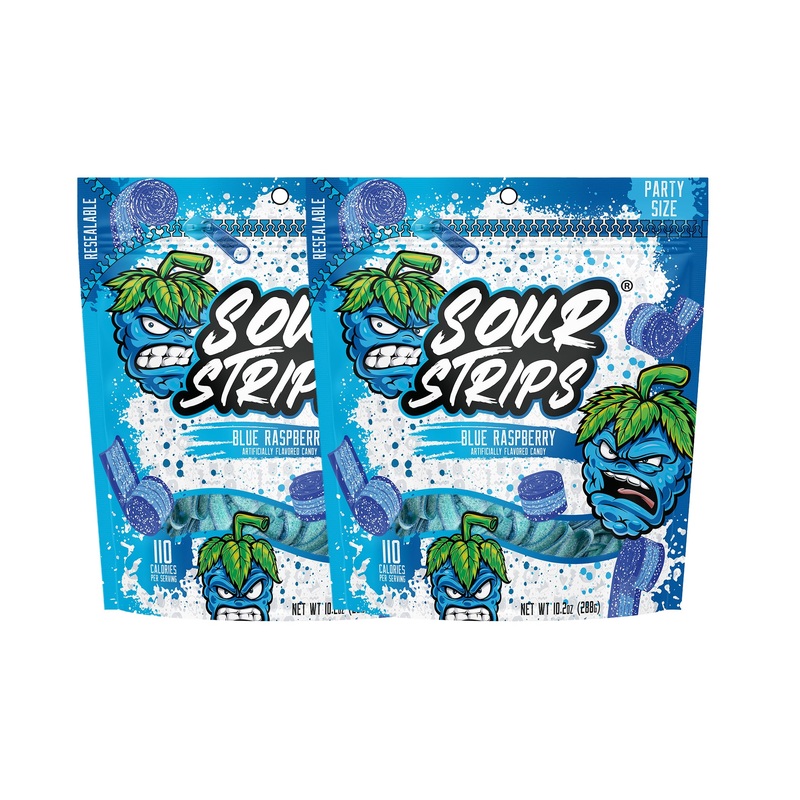 Sour Strips Flavored Sour Candy Strips, Deliciously Sour Chewy Candy Belts, Vegetarian Candies, Party Pack 2-Pack (Blue Raspberr