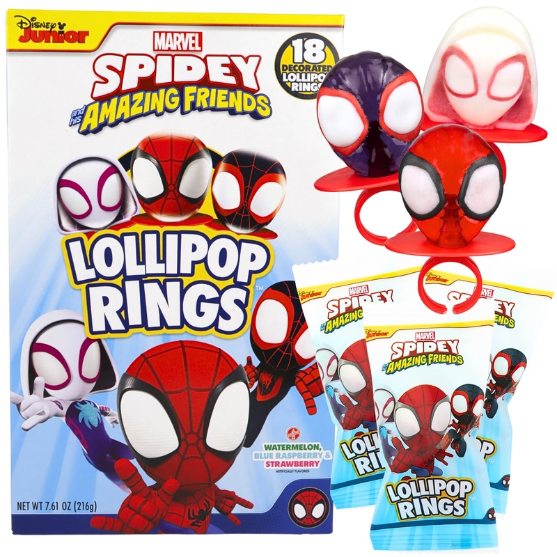 Spidey And His Amazing Friends Birthday Party Favor, Individually Wrapped Lollipop Rings, Ghost-Spider, And Miles Morales Decora