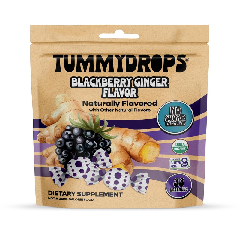 Tummydrops, No Sugar Sweet Blackberry Ginger Flavor, Gluten Free & Vegan, 33 Individually Wrapped Organic Ginger Lozenges Made W