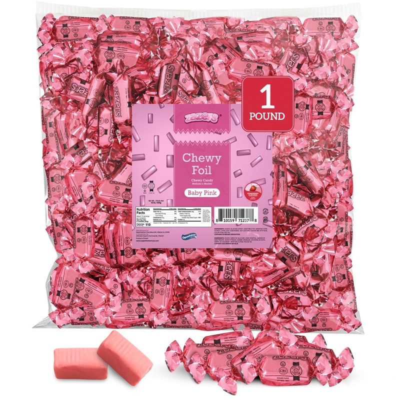 Zazers Baby Pink Chewy Foil Candy – 1 Pound – Strawberry Flavor – Individually Wrapped, Perfect For Color Themed Party Decor & G