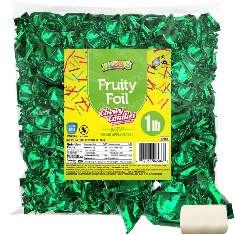 Zazers Green Apple Chewy Taffy Candy – 1-Pound Bag Of Zazers Fruity Foil Chewy Candy – Green Apple Flavor, Individually Wrapped,