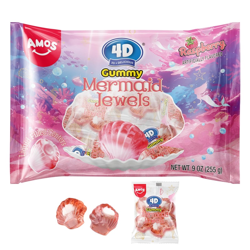 Amos 4D Gummy Candy Mermaid Jewels Fruity Filled, Soft Center Jelly-Filled Seashell Candy, Raspberry Flavor (9Oz Pack) Pink