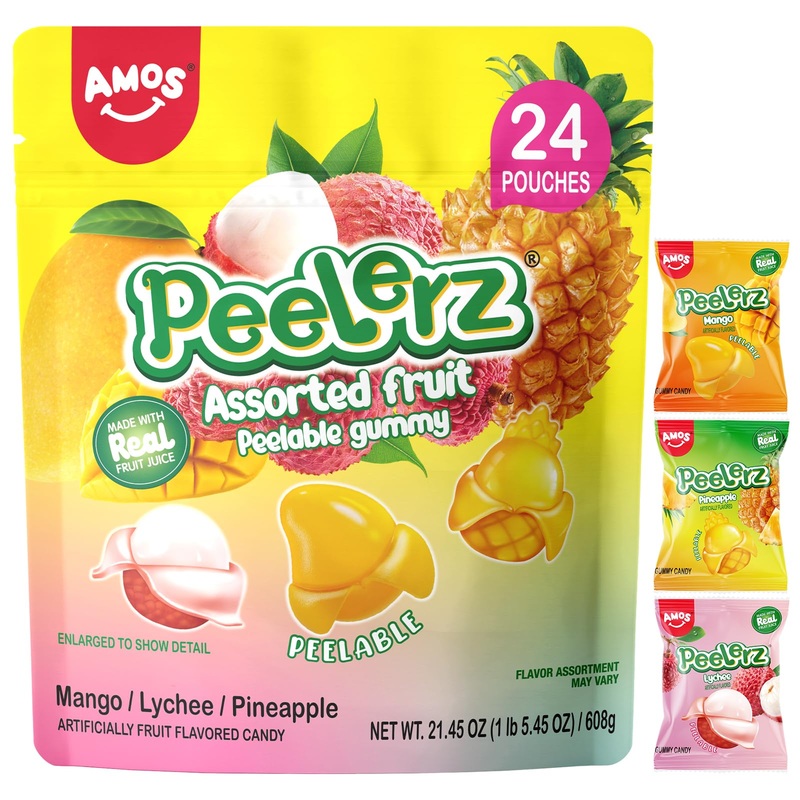 Amos Peelerz Assorted Peelable Gummy – Tropical Peeling Candy Variety Pack | Mango, Lychee & Pineapple | 24 Individual Packs (60