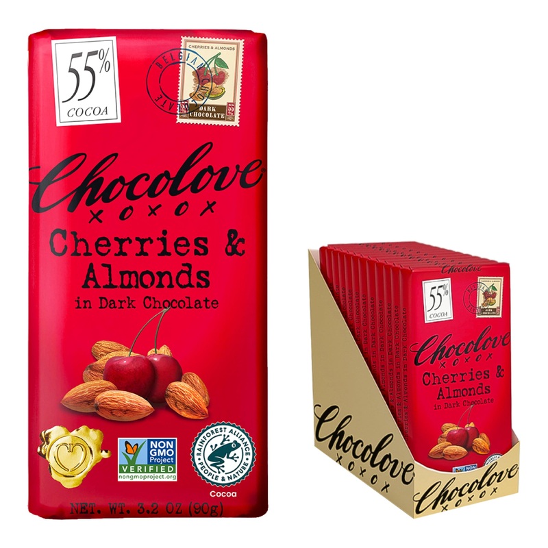 Chocolove Cherry & Almonds Dark Chocolate Bars | 55% Cocoa | Infused With Real Cherries & Crunchy Almonds | Crafted With Premium