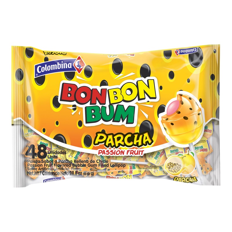 Colombina Bon Bon Bum Lollipops Tropical Passion Fruit Flavor, 48 Count (Pack Of 1)