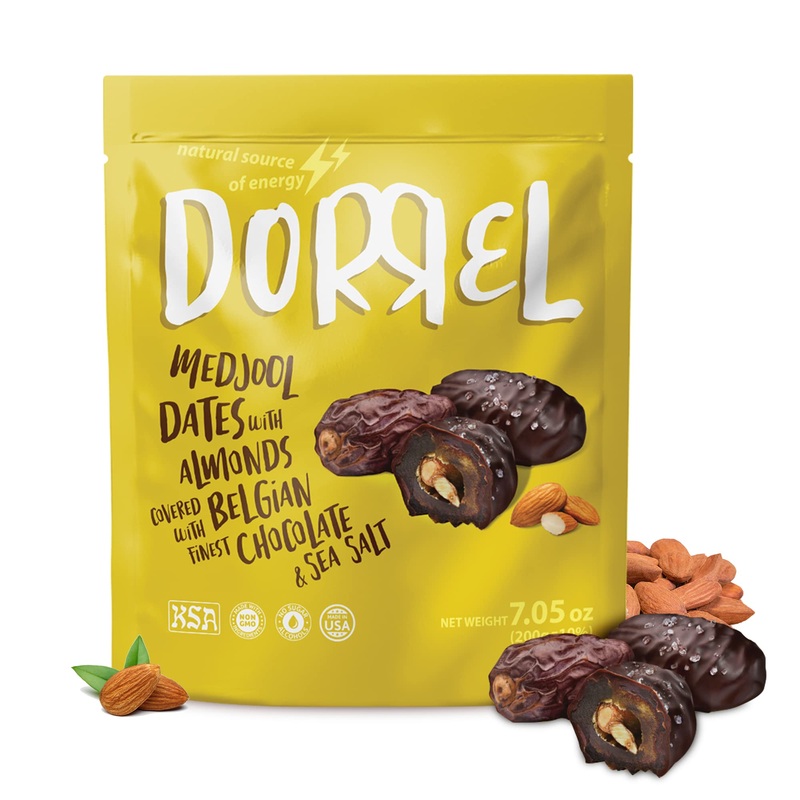Dorrel Belgian Dark Chocolate Covered Medjool Dates Stuffed With Salted Almonds, Nutritious And Tasty Dark Chocolate Almond With