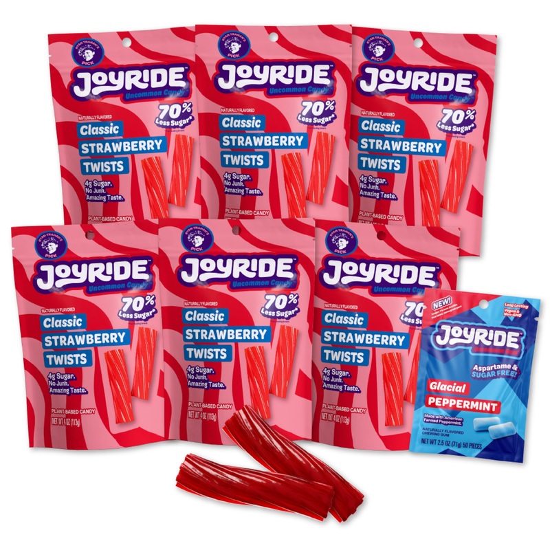 JOYRIDE Classic Strawberry Twists 4oz 6-Pack Bundle + 2.5oz Peppermint Gum, Low Sugar, Plant-Based Candy, Dye Free, Low Calorie Snacks