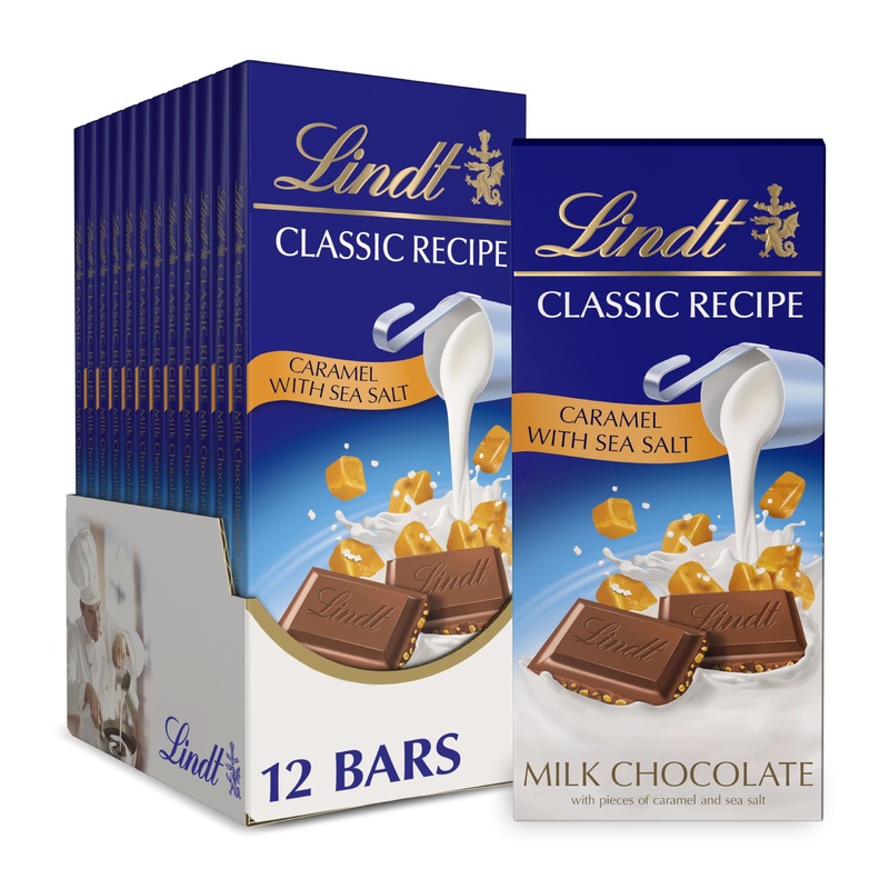 Lindt Classic Recipe Caramel With Sea Salt Milk Chocolate Bar, Milk Chocolate Candy With Pieces Of Caramel And Sea Salt, 4.4 Oz.