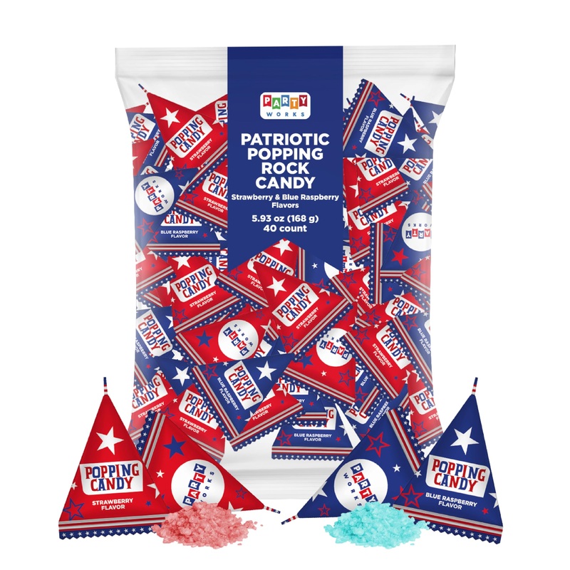 Partyworks Patriotic Candy – 40 Count Bag – Popping Rocks Pouches – Strawberry, Blue Raspberry Flavors – Individual Triangles
