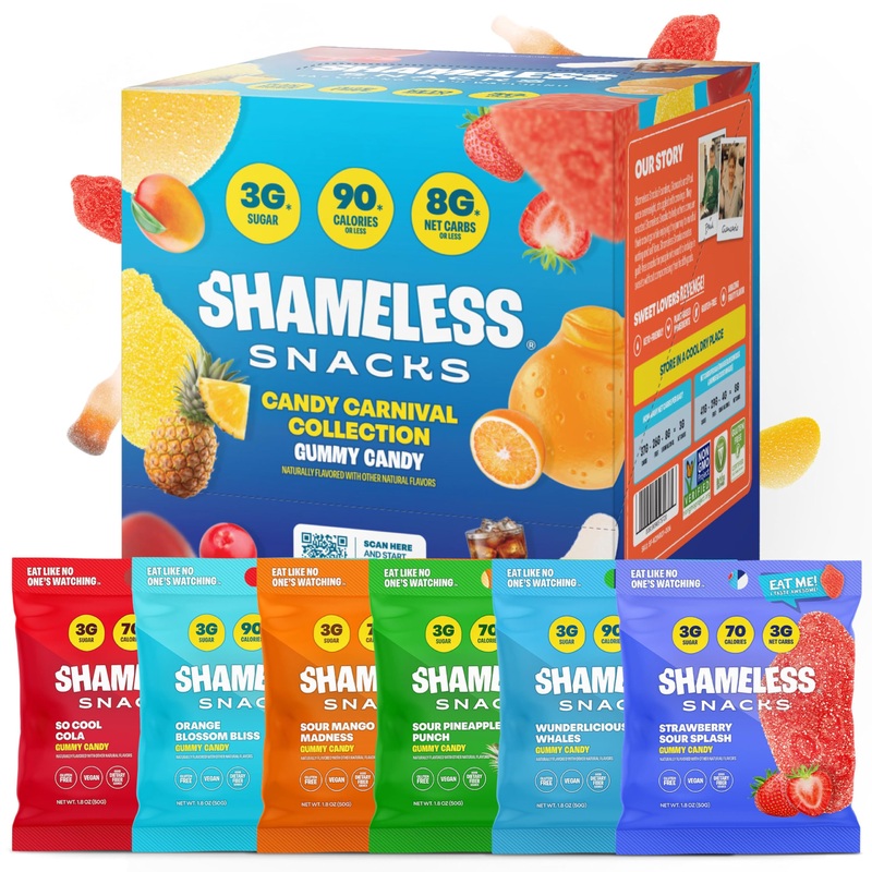 Shameless Snacks Candy Carnival – Healthy Low Sugar Snacks With Pineapple, Mango, Orange, Strawberry & Cola Gummies – Vegan, Glu