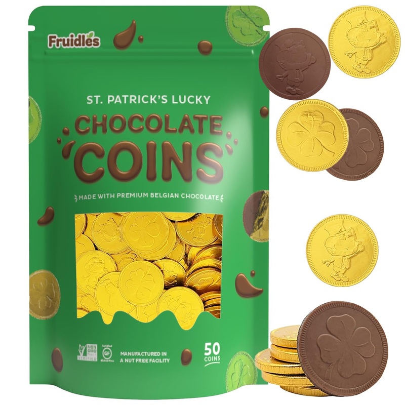 St. Patrick’S Day 50 Chocolate Coins Lucky Gold Coins Foils, Shamrock Clover Belgian Milk Chocolate Coins Bag Nut-Free (50-Pack)