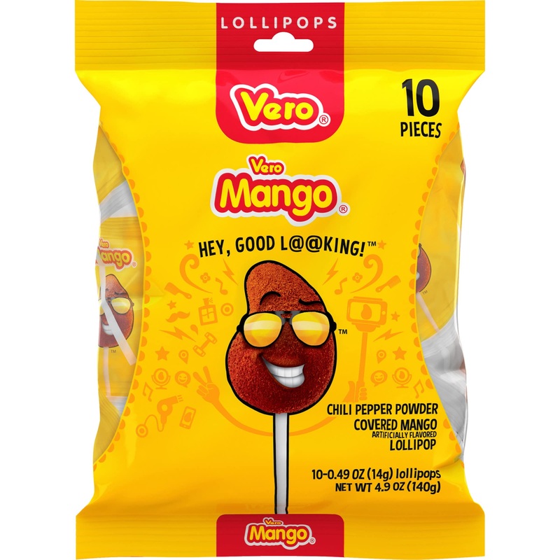 Vero Mango Lollipops Coated With Chili Powder, Hot And Sweet Candy Treat, Artificially Flavored, Net Wt. 4.93 Ounces, 10 Count B
