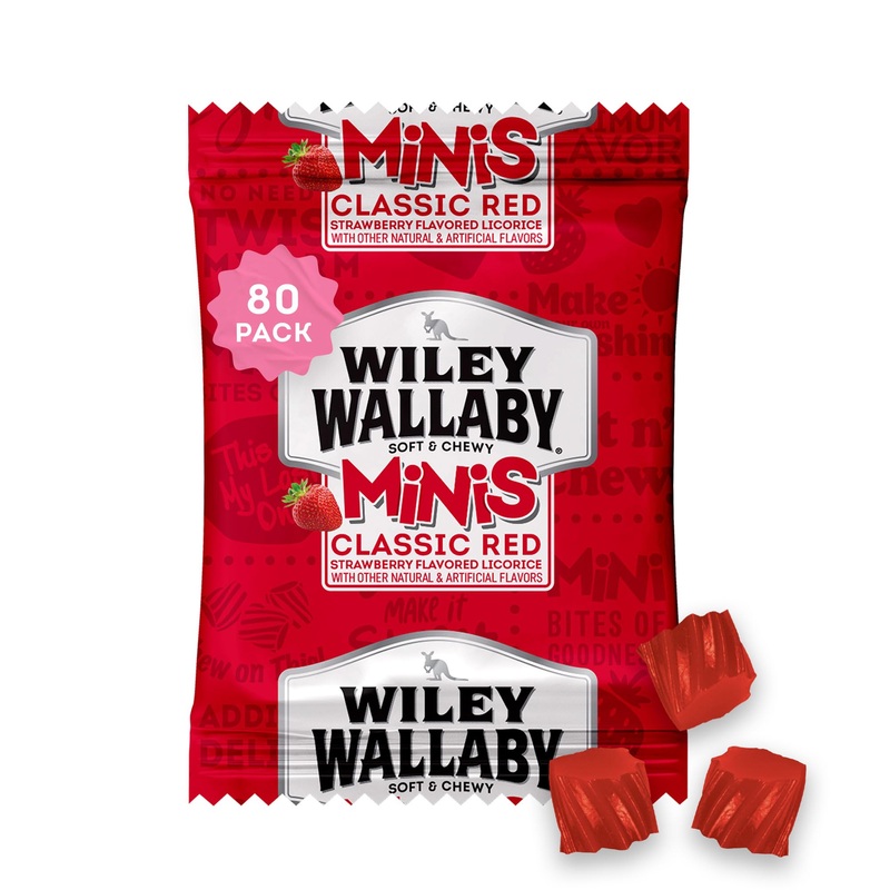 Wiley Wallaby Mini Licorice Bites 0.5 Ounce Classic Gourmet Soft & Chewy Australian Classic Red Licorice Candy Bags, 80 Pack