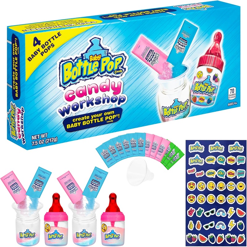 Baby Bottle Pop Candy Workshop – Candy Making Kit For Kids – 4 Count Lollipops W/Powdered Sugar Dip In Assorted Fruity Candy Fla