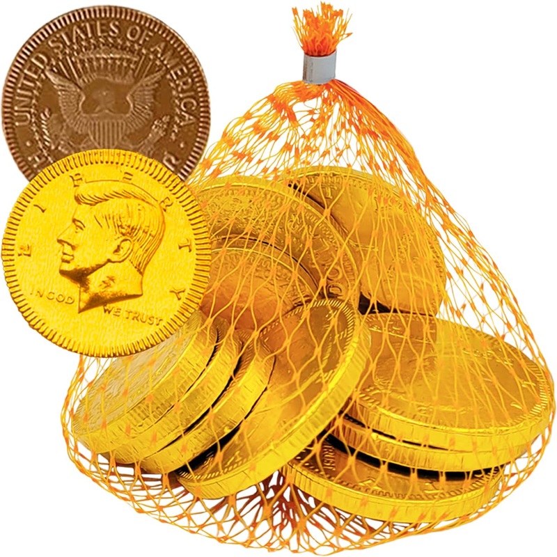 Fruidles Chocolate Coins In Mesh Bags, 10 Belgian Milk Chocolate Half-Dollar Gold Coins Per Mesh Bag, Total 108Oz Mesh Bags (72