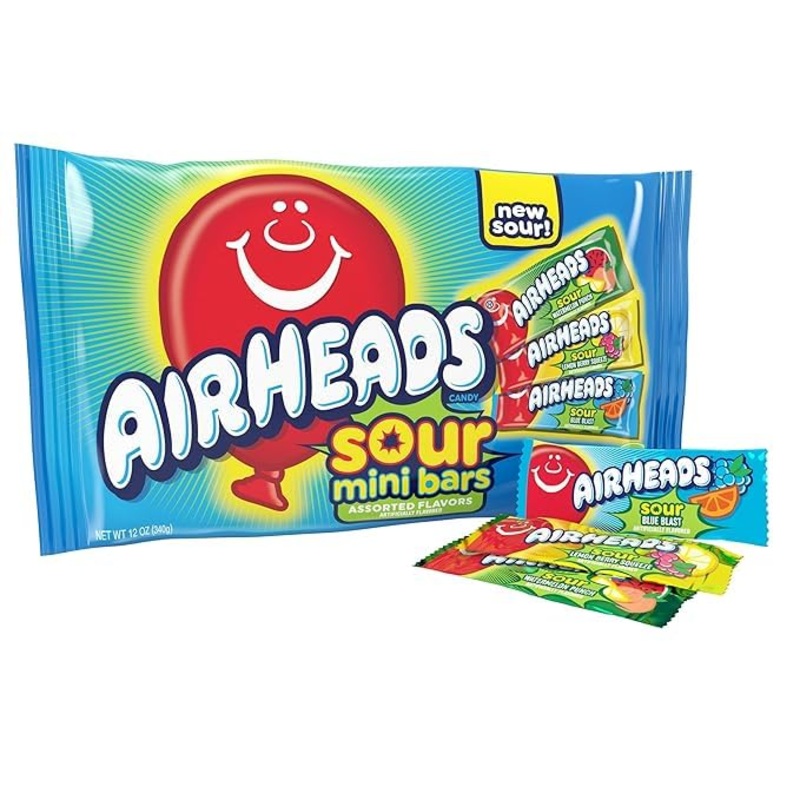 Airheads Mini Sours Candy Bars, Sour Watermelon Punch, Blue Blast, And Lemon Berry Squeeze 12Oz Variety Bag