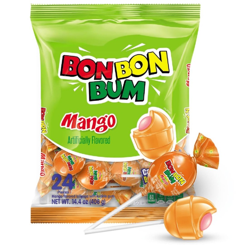 Bon Bon Bum – Fruity Lollipop With Bubble Gum Center – Perfect For Parties And Sharing (24 Pieces, Mango)