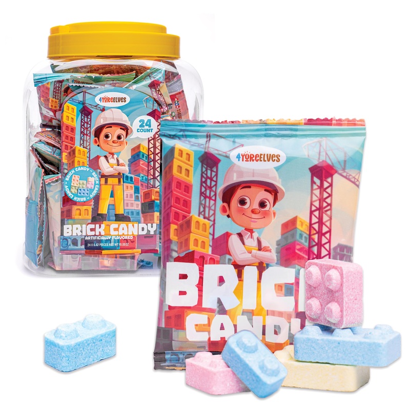 Candy Bricks, 24 Individual Party Favor Bags Of Tutti Frutti Flavored Candy Blocks For Construction Themed Fun, Brick Shaped Can