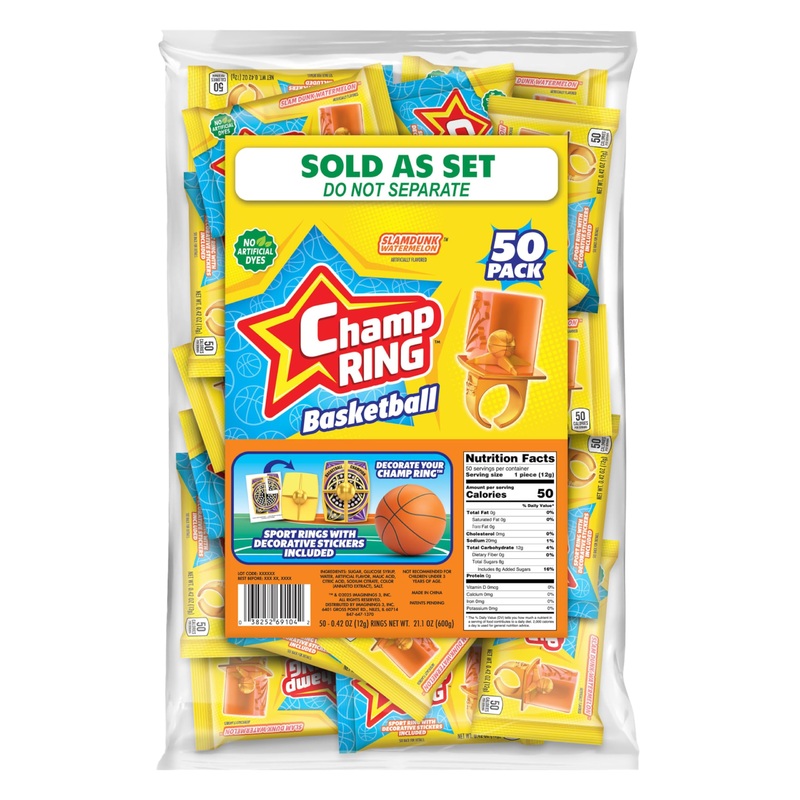 Champ Ring Basketball, Slam Dunk Watermelon – Sweet Watermelon Flavored Candy Rings – Individually Wrapped – No Artificial Color