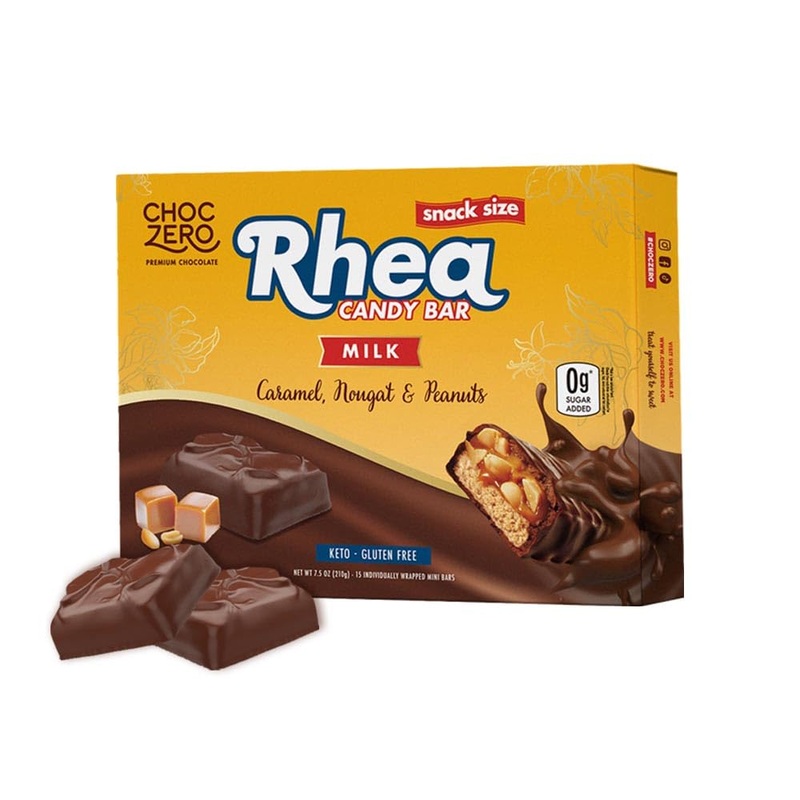 Choczero Milk Chocolate Peanut & Caramel Nougat Candy Bar, Zero Sugar Added, High Fiber, Sharing Size Rhea Bars (15 Per Box)