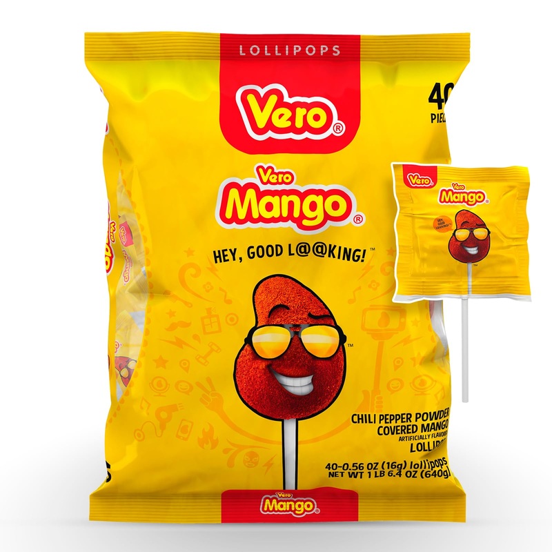 Vero Mango Lollipops Coated With Chili Powder, Hot And Sweet Candy Treat, Artificially Flavored, Net Wt. 1.39 Pound, 40 Count Ba