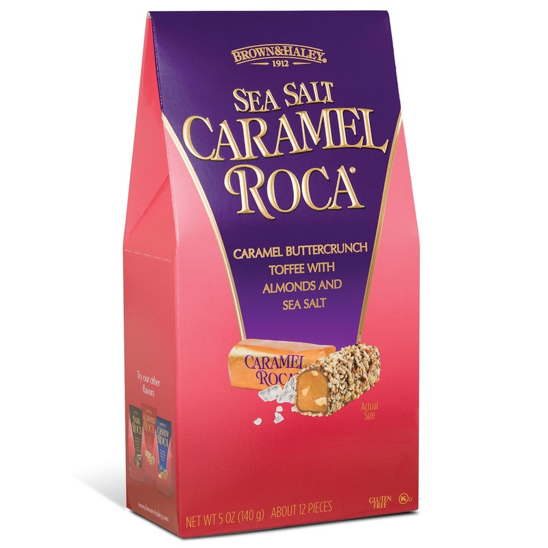 Brown & Haley Sea Salt Caramel Roca Stand-Up Box – Chocolate Caramel Buttercrunch Toffee With Almonds And Sea Salt – Individuall