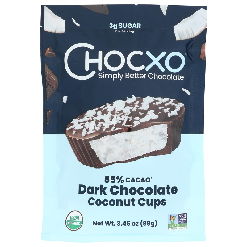 ChocXO Organic 85% Dark Chocolate Coconut Cups, 3.45 OZ – Vegan, Gluten-Free, Non-GMO Treats for Healthy Snacking