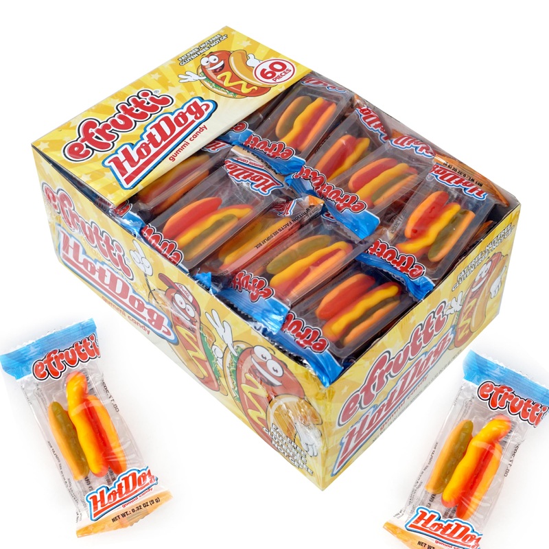 Efrutti Gummi Hot Dogs, 60 Pieces Display Box, Individual Wrapped Hot Dog Gummy Candy
