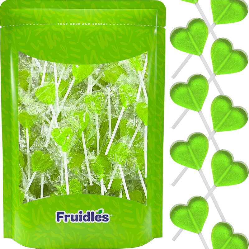Fruidles Lollipops Mini Heart Shaped Flavored Delicious Lollipop, Individually Wrapped, 5G Lollipop (30 Lollipops, Green Apple)