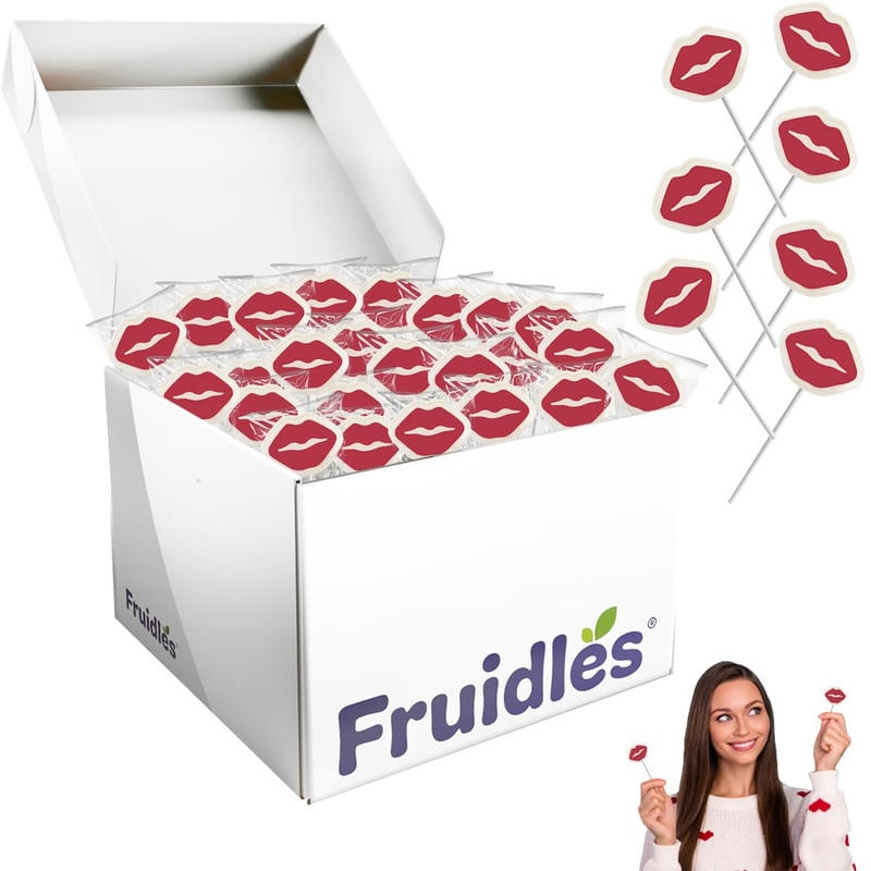 Fruidles Valentine’S Red Lips Tattoo Lollipop Sucker, White Lip Shaped Lollipop With Red Lips, Individually Wrapped Candy (5 Pou