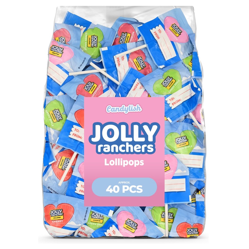 Jolly Ranchers Heart Lollipops – 40 Count Bag – Bulk Valentine Candy, Assorted Fruit Flavors – Heart-Shaped Lollipops For Partie