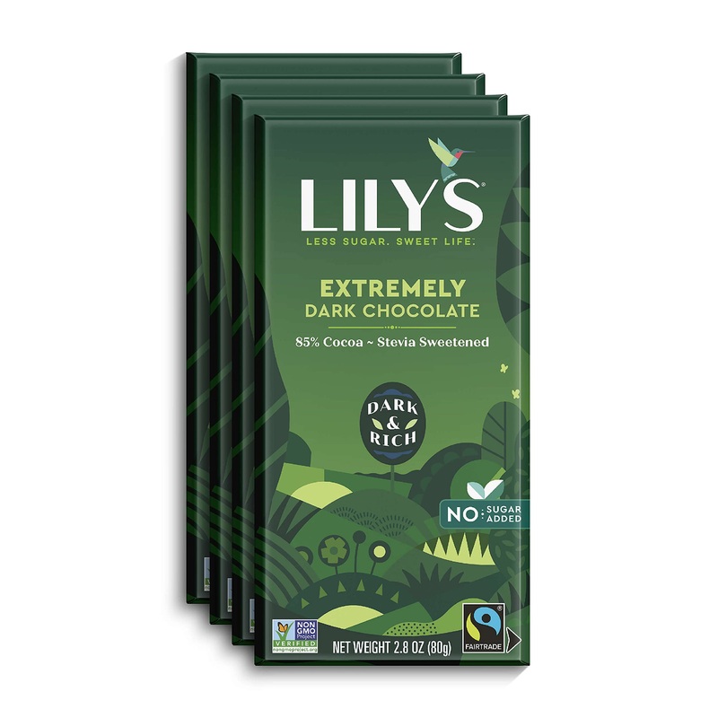 Lily’s Extremely Dark Chocolate Bar, 85% Cocoa, Stevia Sweetened, No Added Sugar, Keto Friendly, 2.8 oz, 4-Pack, Gluten-Free, Non-GMO