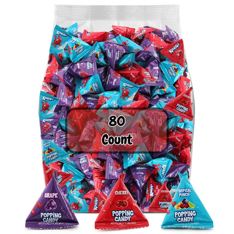 Popping Candy, 3 Fruity Flavors (Tropical Punch, Cherry, Grape), 80-Count Bag, Individually Wrapped – Perfect For Trick-Or-Treat