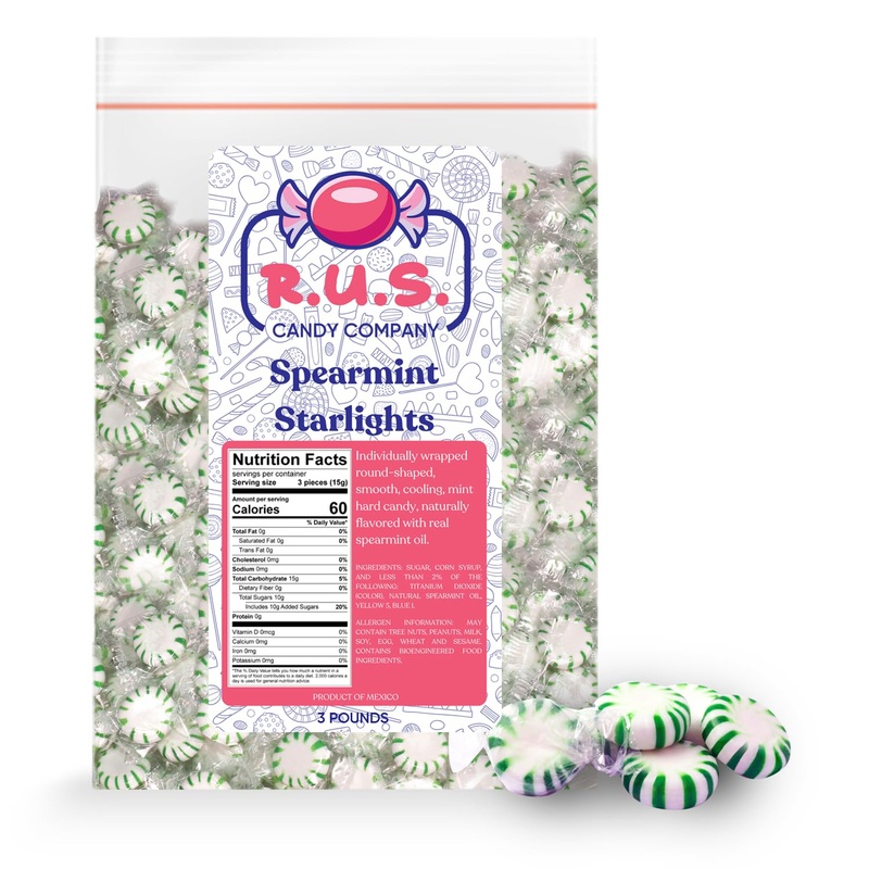 R.U.S. Candy Company Spearmint Starlite Candy – 3 Pound Bag – Refreshing Hard Mint Candy Perfect For Parties And Holiday Celebra