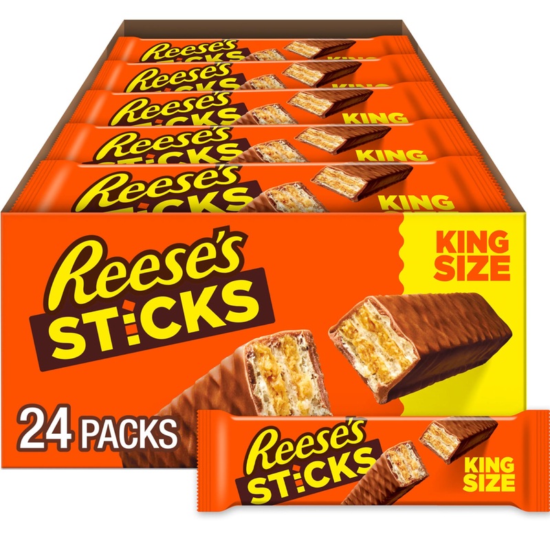 REESE’S STICKS Milk Chocolate Peanut Butter Wafer, King Size, 3 oz (24 Count) – Delicious Candy Packs for Sweet Treat Lovers
