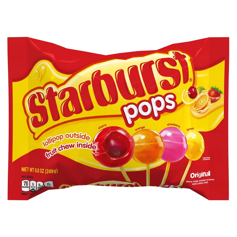 Starburst Pops Original Flavor, Lollipop Outside Fruit Chew Inside 8.8Oz Candy Bag
