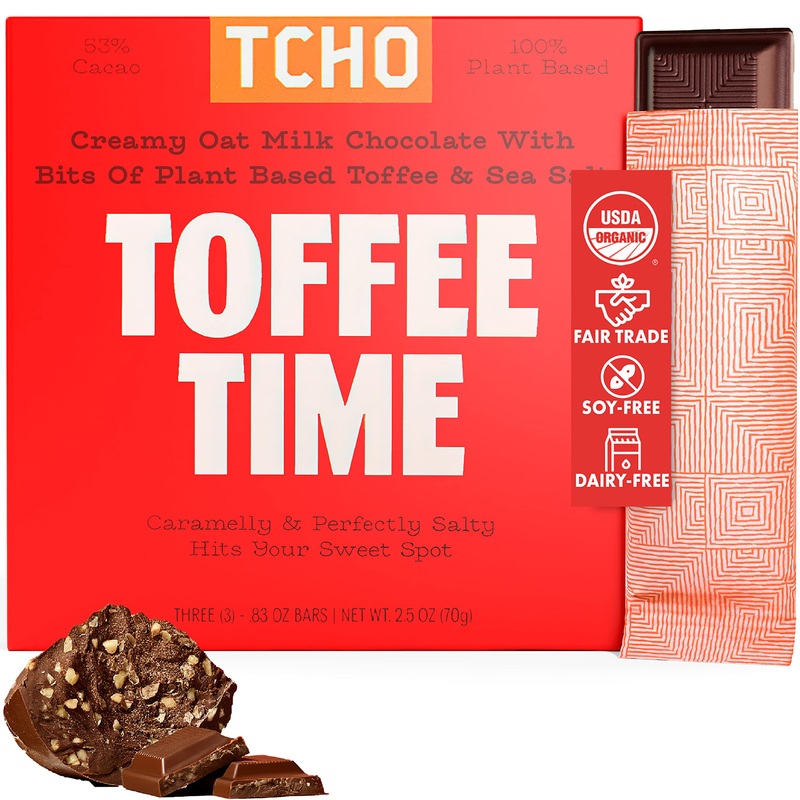 Tcho Organic Toffee Time Oat Milk Chocolate With Sea Salt – 100% Plant-Based, Vegan, Soy-Free, Gluten-Free, Pure Cacao Bars – Sw