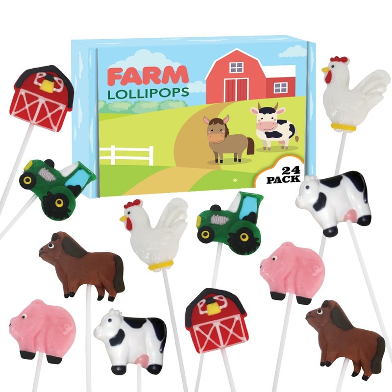 Farm Candy Lollipops – 24 Individually Wrapped Suckers Bulk – Cute Farm Animal Party Favors – Barn, Tractor, Horse, Cow, Chicken