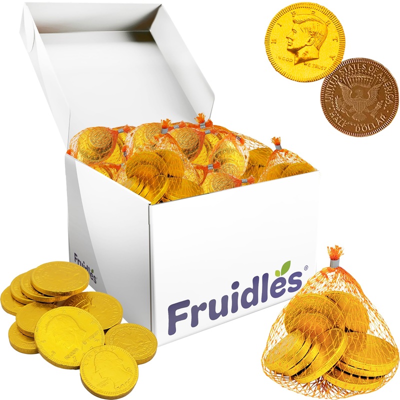 Fruidles Chocolate Coins In Mesh Bags, 10 Belgian Milk Chocolate Half-Dollar Gold Coins Per Mesh Bag, Total 216Oz Mesh Bags (144