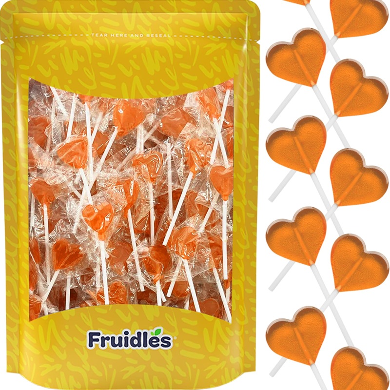 Fruidles Lollipops Mini Heart Shaped Flavored Delicious Lollipop, Individually Wrapped, 5G Lollipop (30 Lollipops, Orange)