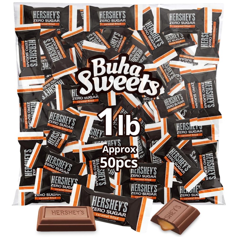 Hershey Zero Sugar Caramel Filled Chocolate Candy 1 Pound Approx 50 Pieces – Individuuly Wrapped Sugar Free Candy Bars For Parti