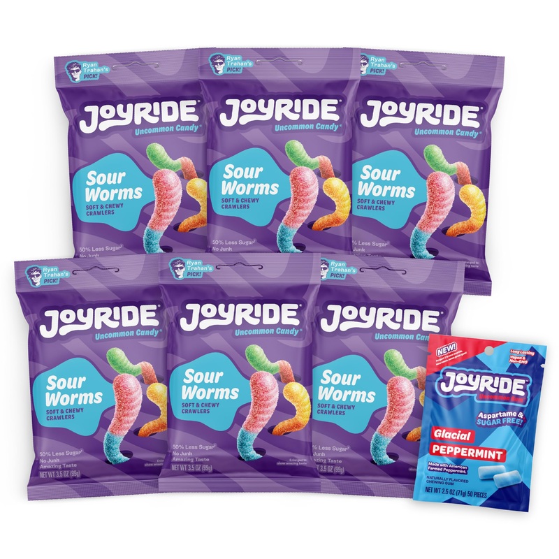Joyride Sour Worms – 3.5 Oz 6-Pack Bundle With 2.5Oz Glacial Peppermint Gum, Low Sugar, Low Calorie Snacks, Dye Free And Plant B