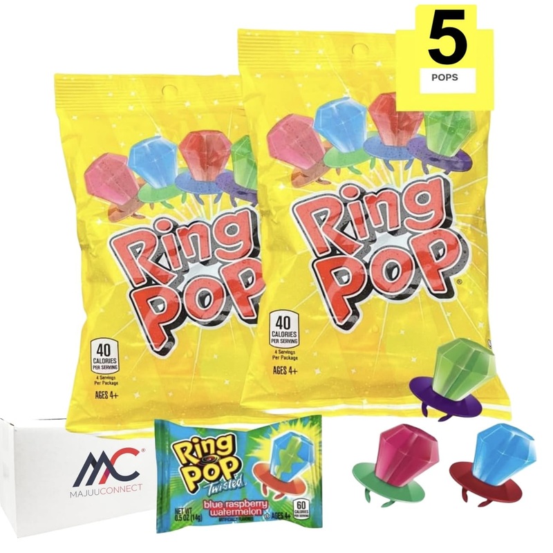 Ring Pop (2 Pack) 10 Pops Total |Individually Wrapped Lollipop Suckers W/Assorted Fruity Flavors – Fun Candy For |Easter Basket
