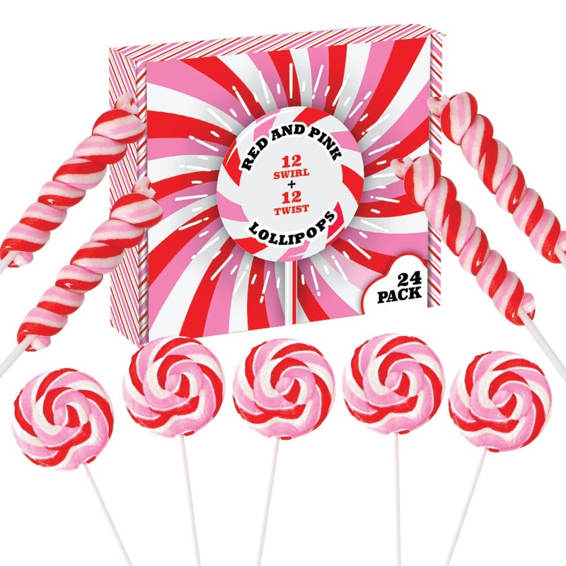 24 Red, Pink And White Lollipops Individually Wrapped – 18G Swirl And 12G Twisty Suckers
