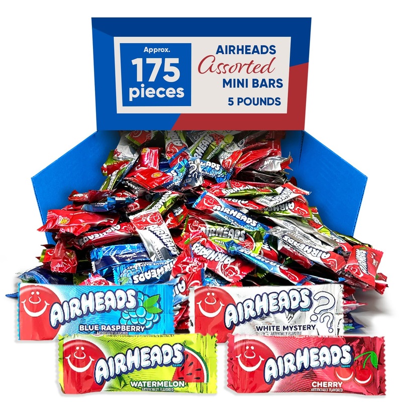 Airheads Mini Bars 5 Pounds Approx 175 Pieces – Individually Wrapped – Assorted Fruit Flavored Cherry – Mystery Flavor & Waterme